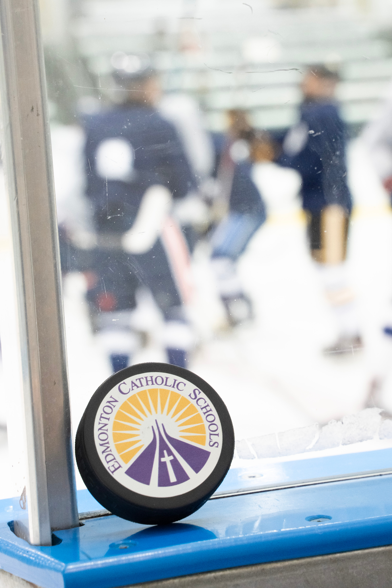 Hockey puck on rink boards with players in the background
